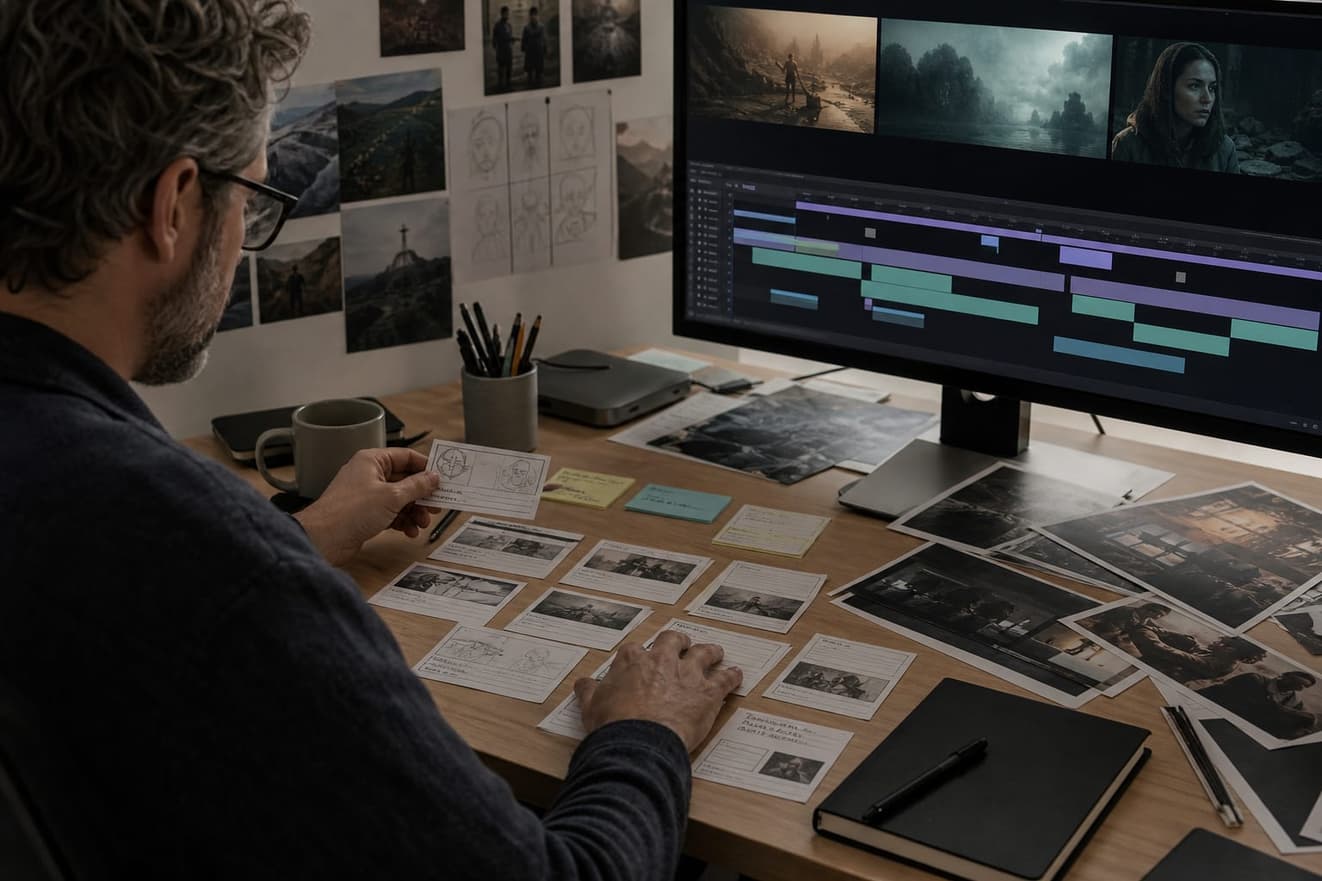 Créatrice organisant un storyboard et des plans vidéo produits avec l’intelligence artificielle