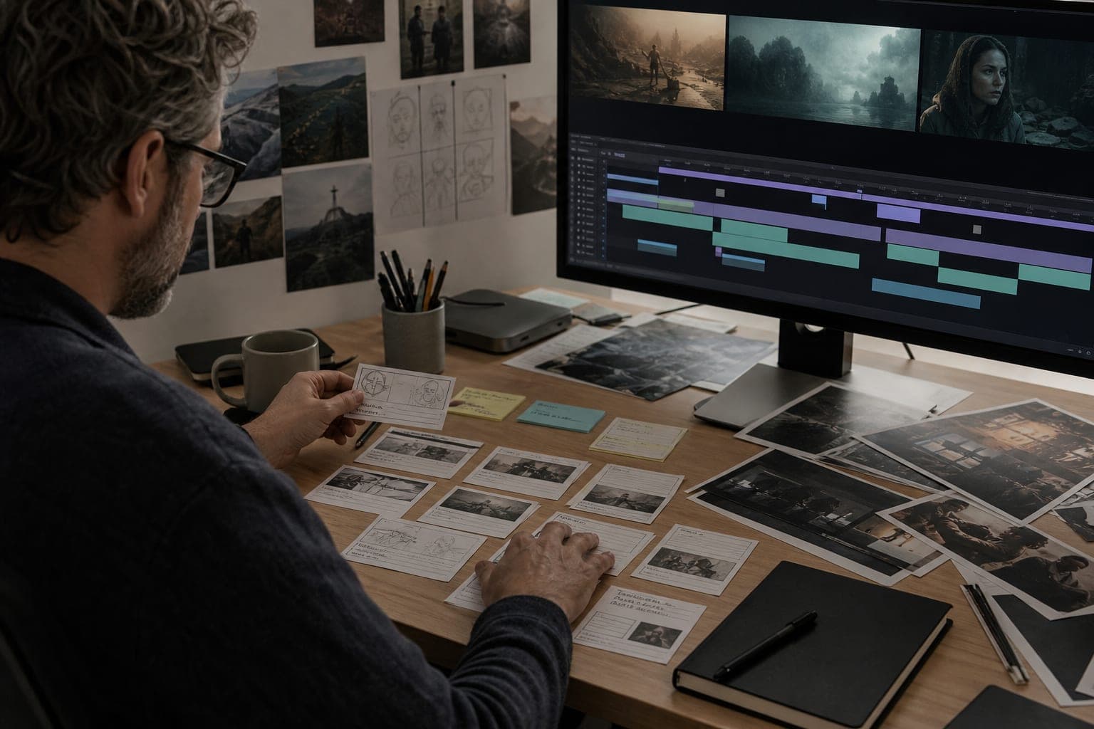 Créatrice organisant un storyboard et des plans vidéo produits avec l’intelligence artificielle