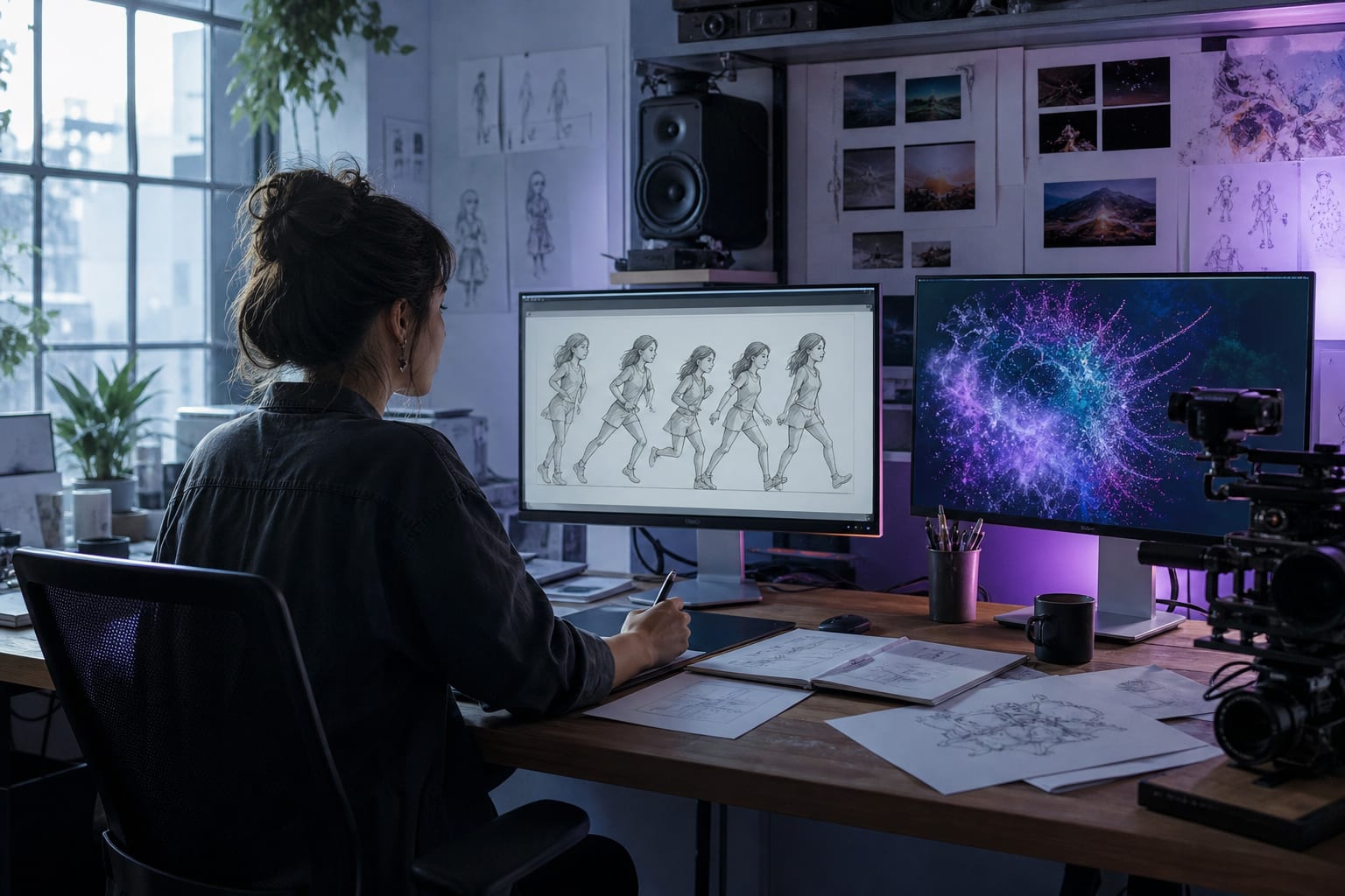 Créatrice travaillant dans un studio mêlant animation, image et intelligence artificielle